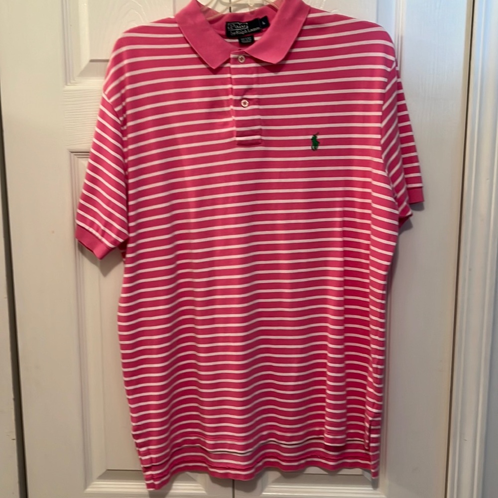 NWOT POLO SHIRT BY RALPH LAUREN PINK & WHITE STRIPED SIZE L 100% COTTON